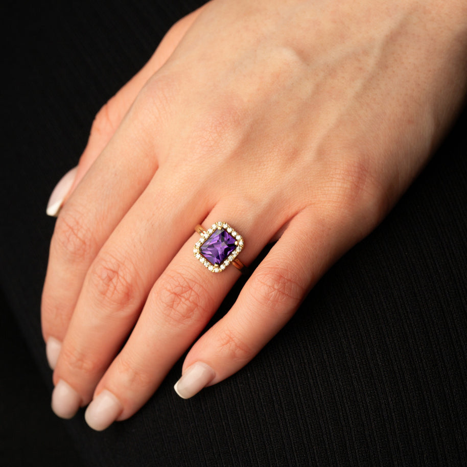 Gold Radiant Cut CZ Birthstone Halo Ring (Available in Yellow/Rose/White Gold)