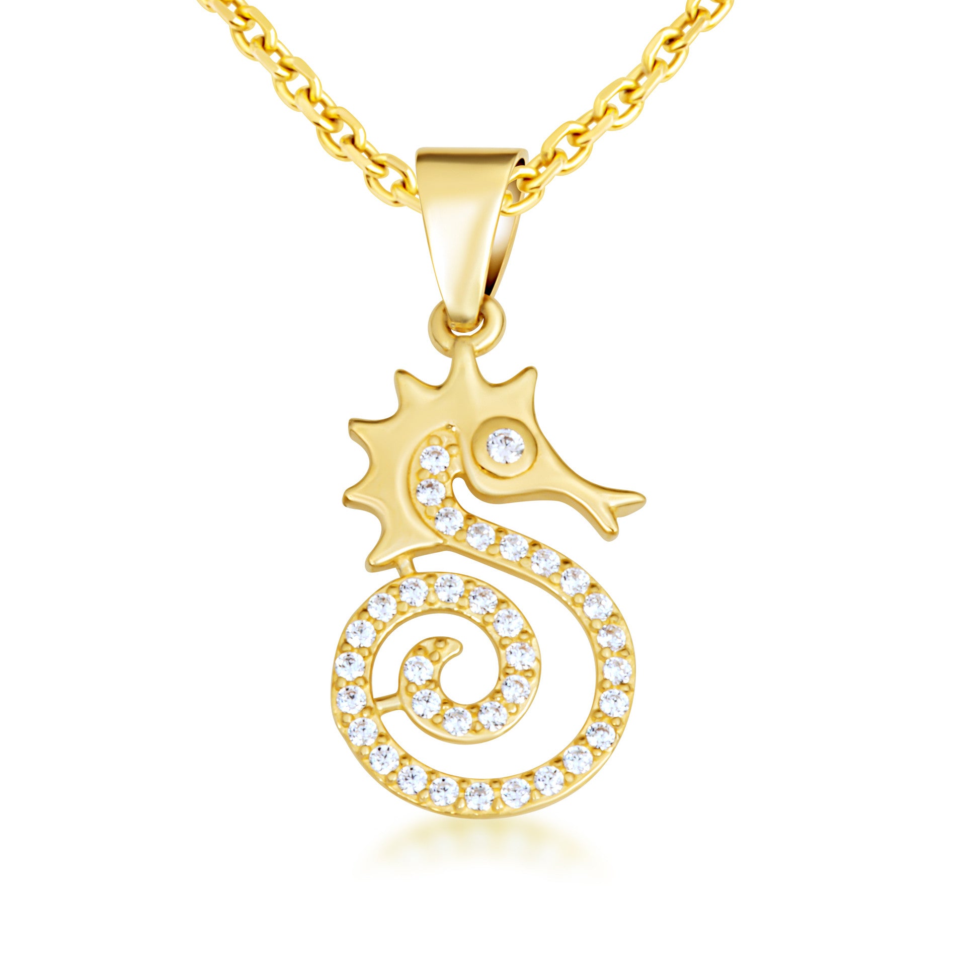 Gold Cubic Zirconia Seahorse Pendant Necklace (Available in Yellow/Rose/White Gold)
