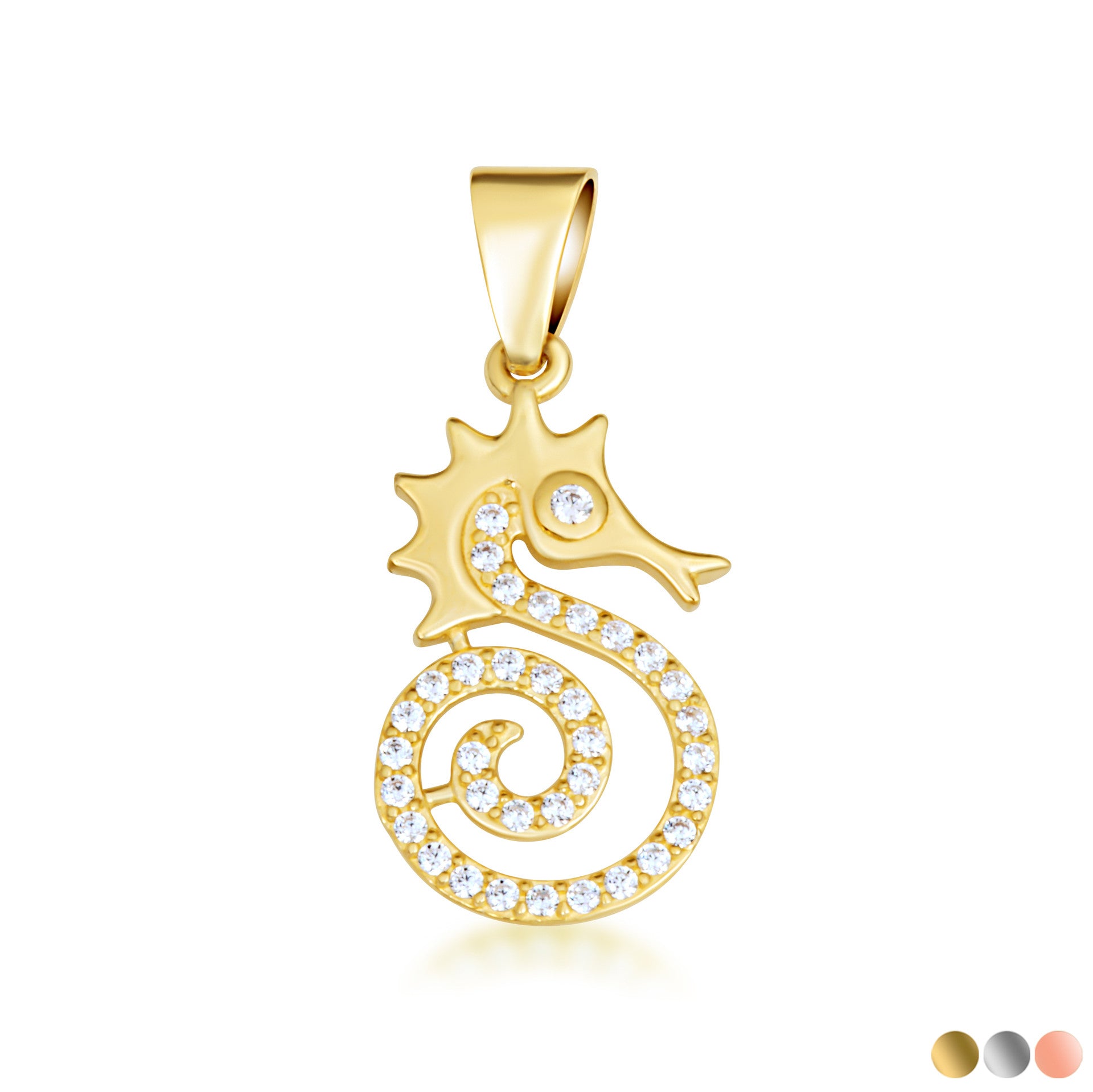 Gold Cubic Zirconia Seahorse Pendant Necklace (Available in Yellow/Rose/White Gold)