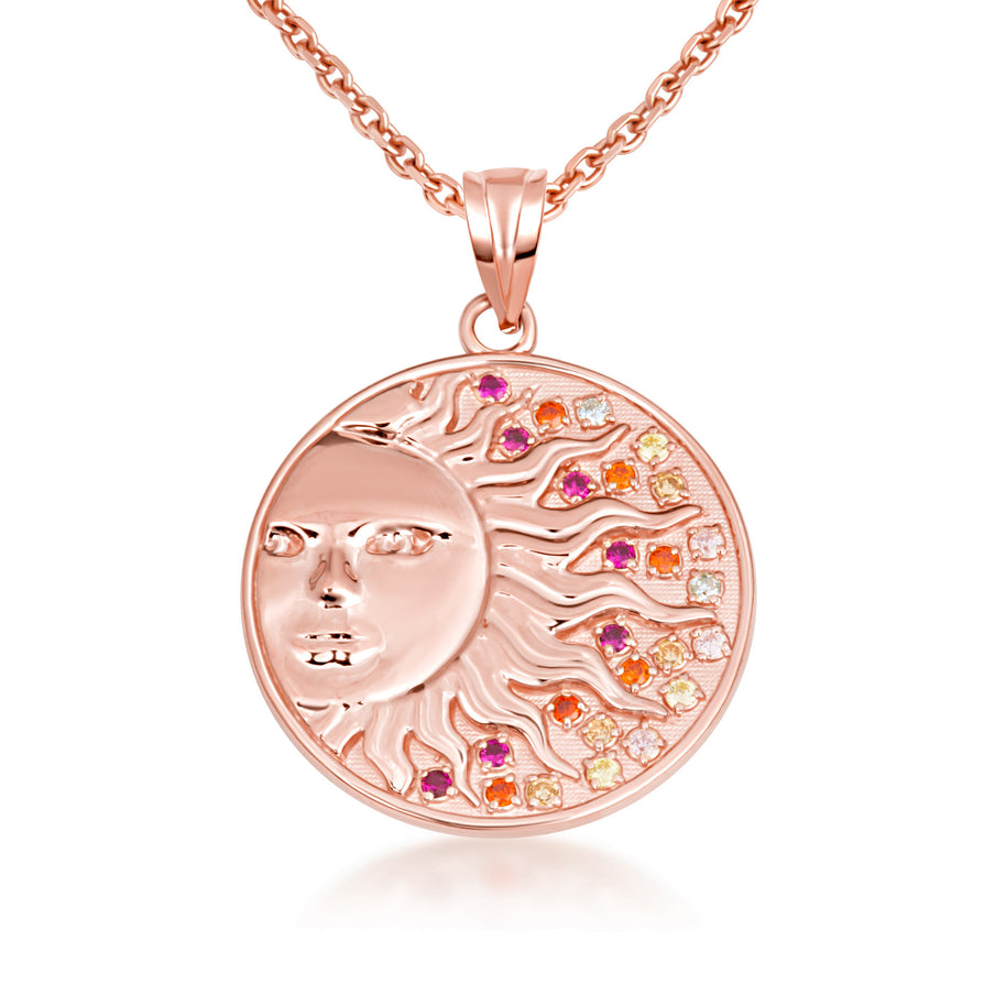 Gold Sun Face Multi Color Birthstone Star Medallion Pendant Necklace (Available in Yellow/Rose/White Gold)