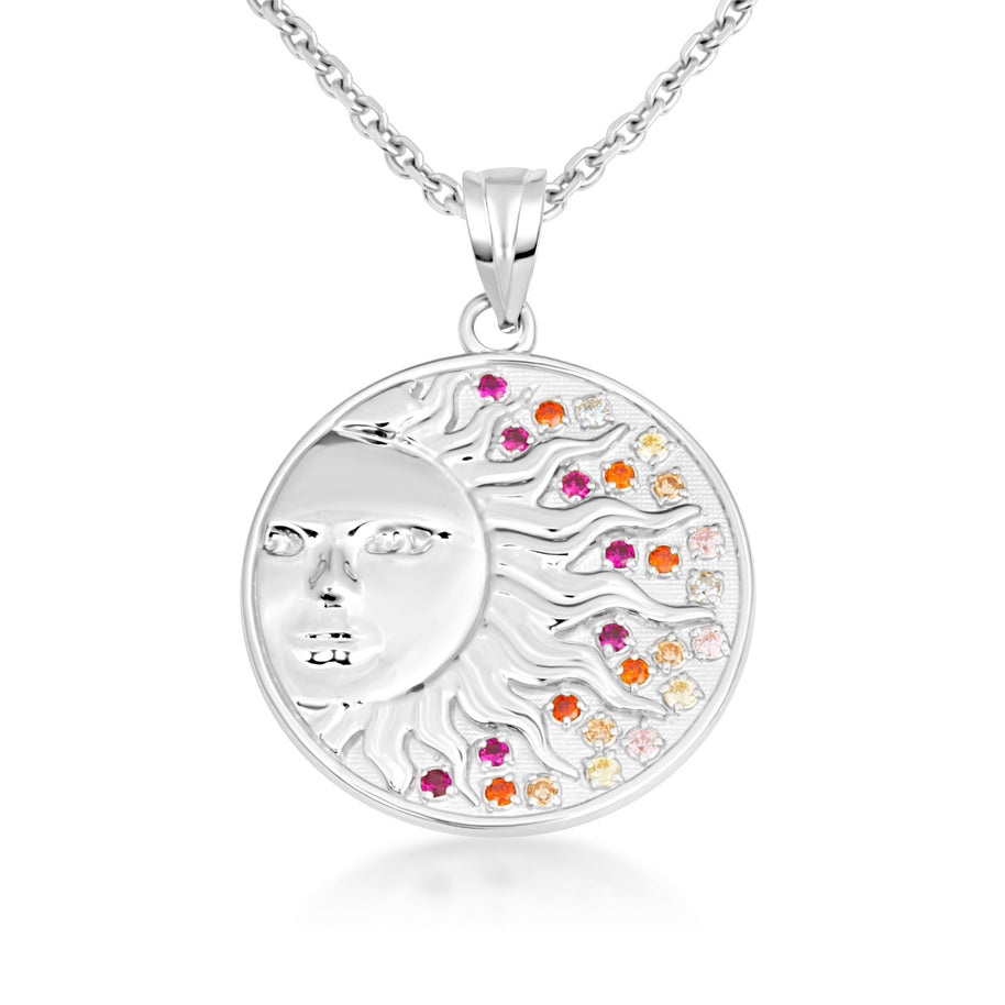 Gold Sun Face Multi Color Birthstone Star Medallion Pendant Necklace (Available in Yellow/Rose/White Gold)