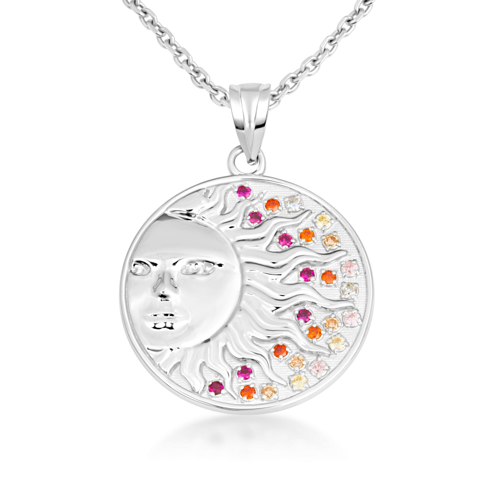.925 Sterling Silver Sun Face Multi Color Birthstone Star Medallion Pendant Necklace