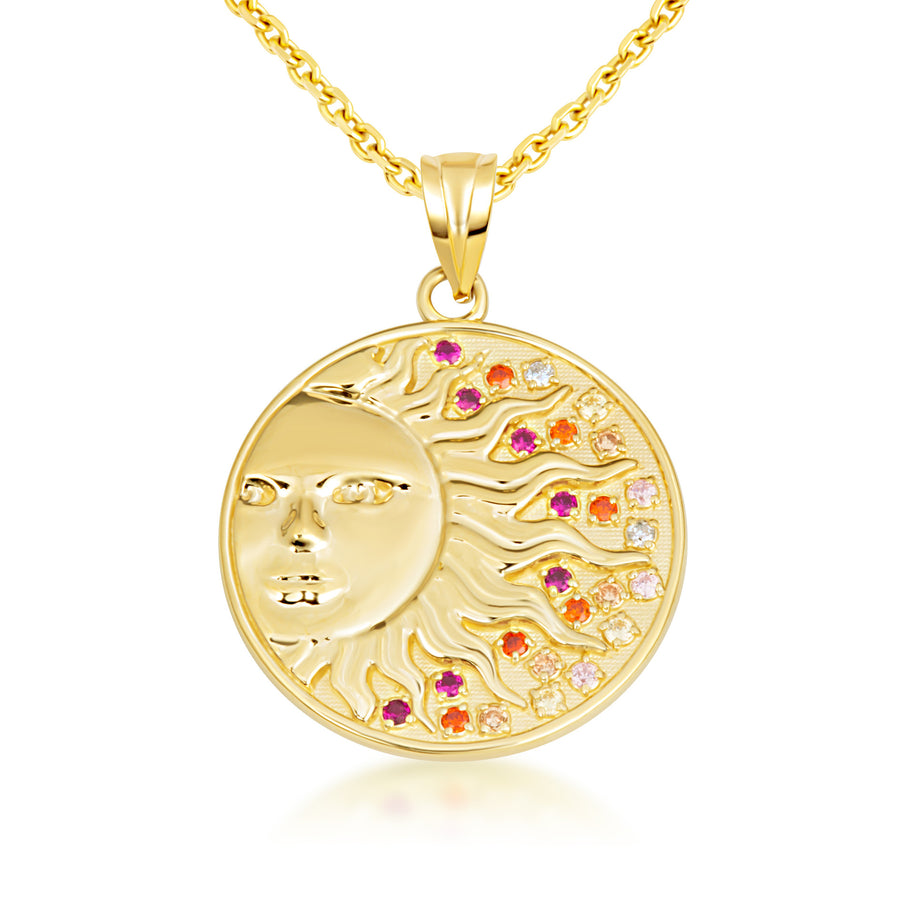 Gold Sun Face Multi Color Birthstone Star Medallion Pendant Necklace (Available in Yellow/Rose/White Gold)