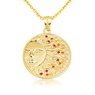 Gold Sun Face Multi Color Birthstone Star Medallion Pendant Necklace (Available in Yellow/Rose/White Gold)