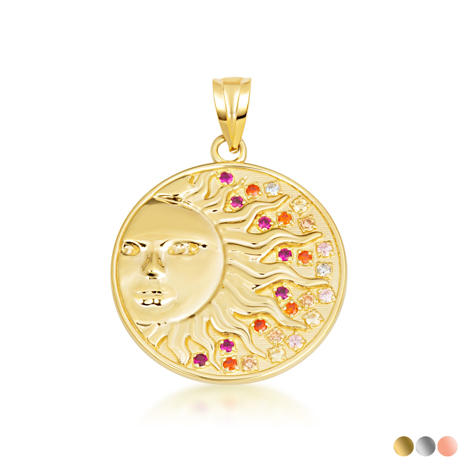 Gold Sun Face Multi Color Birthstone Star Medallion Pendant Necklace (Available in Yellow/Rose/White Gold)