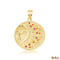 Gold Sun Face Multi Color Birthstone Star Medallion Pendant Necklace (Available in Yellow/Rose/White Gold)