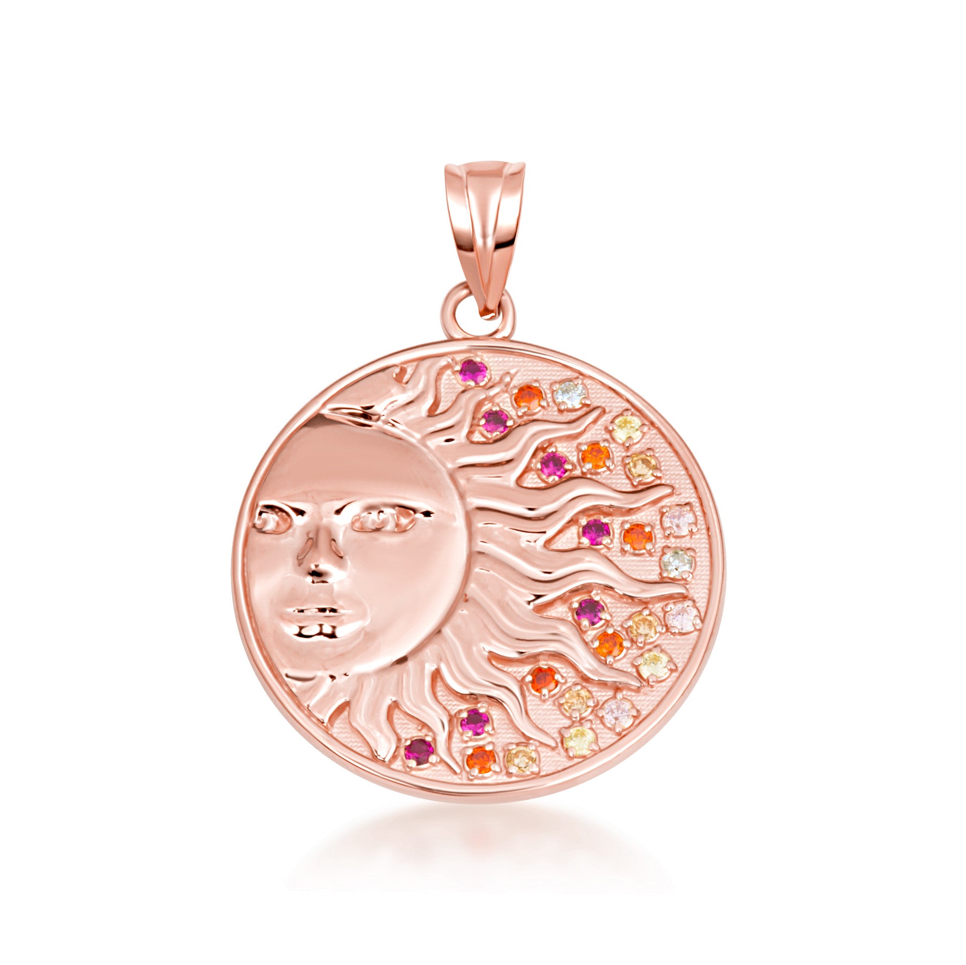 Gold Sun Face Multi Color Birthstone Star Medallion Pendant Necklace (Available in Yellow/Rose/White Gold)