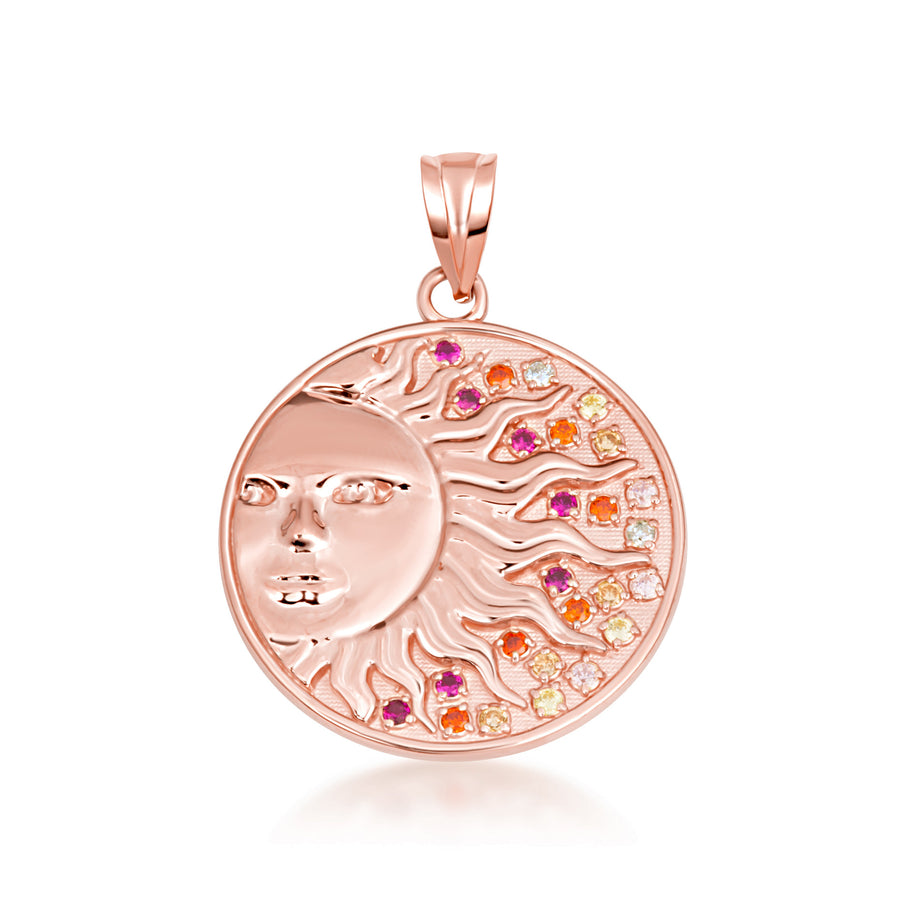 Gold Sun Face Multi Color Birthstone Star Medallion Pendant Necklace (Available in Yellow/Rose/White Gold)