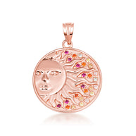 Gold Sun Face Multi Color Birthstone Star Medallion Pendant Necklace (Available in Yellow/Rose/White Gold)