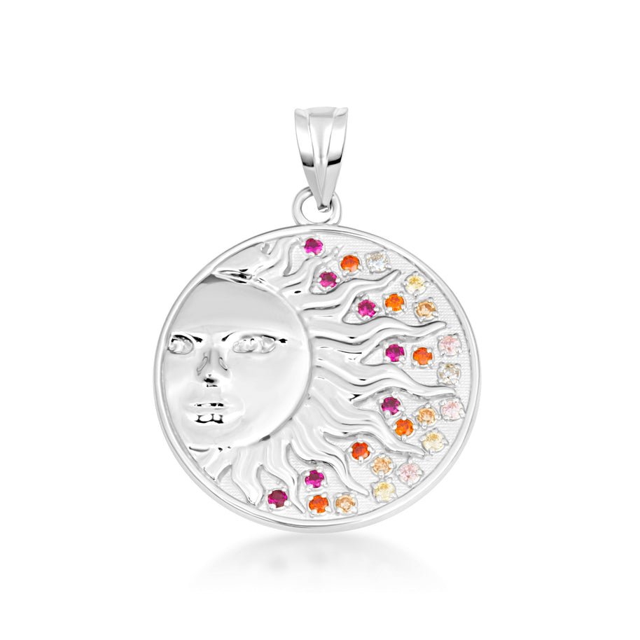 Gold Sun Face Multi Color Birthstone Star Medallion Pendant Necklace (Available in Yellow/Rose/White Gold)