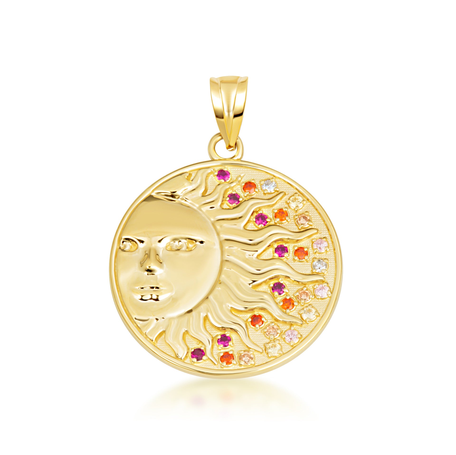 Gold Sun Face Multi Color Birthstone Star Medallion Pendant Necklace (Available in Yellow/Rose/White Gold)