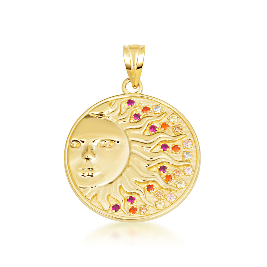 Gold Sun Face Multi Color Birthstone Star Medallion Pendant Necklace (Available in Yellow/Rose/White Gold)