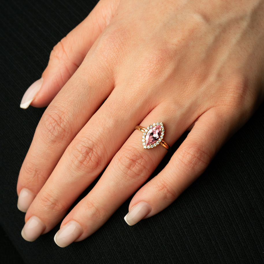 Gold Marquise Cut Birthstone Halo Ring (Available in Yellow /Rose/White Gold)