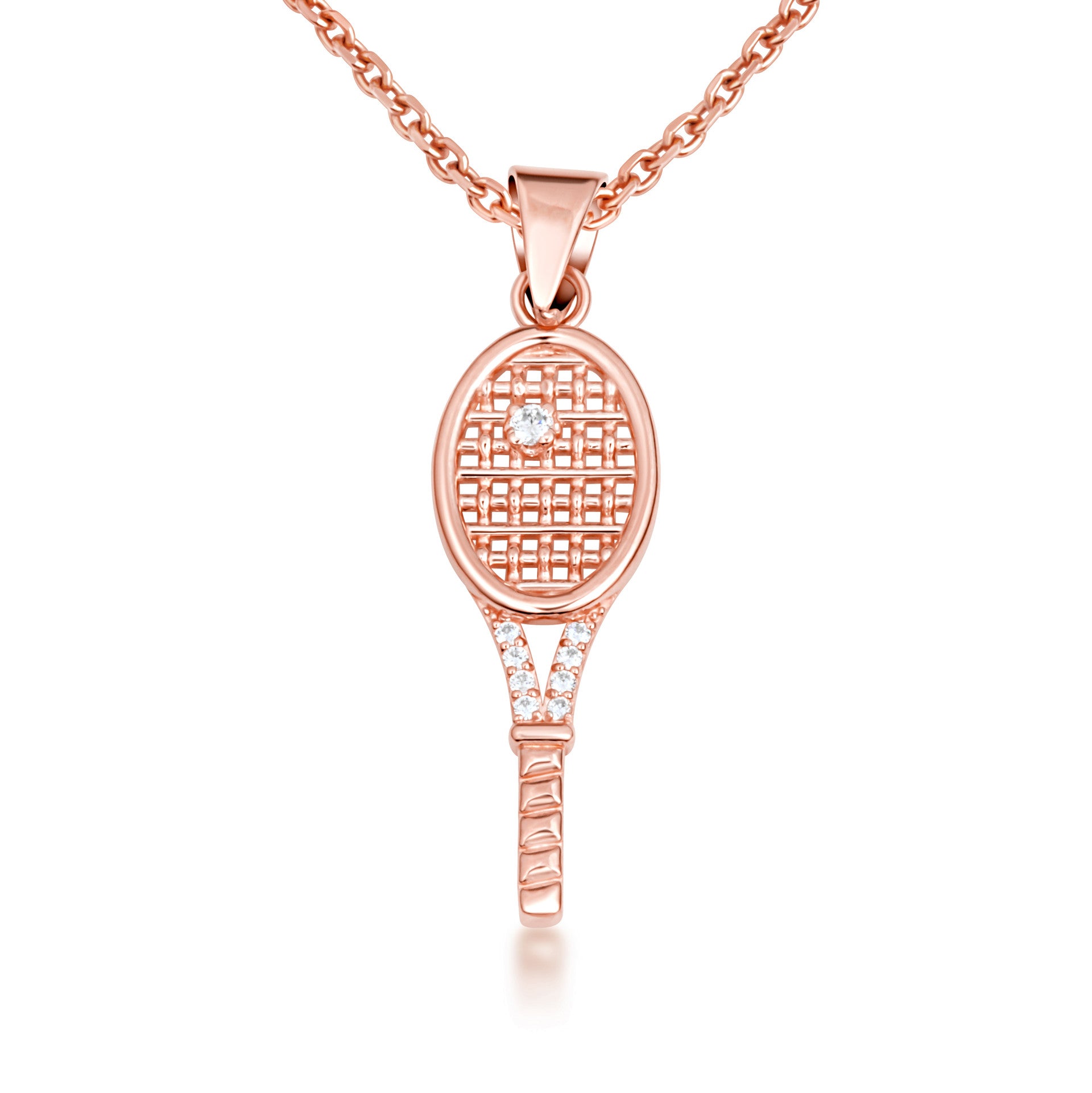 Gold Diamond Tennis Racket Sports Pendant Necklace (Available in Yellow/Rose/White Gold)
