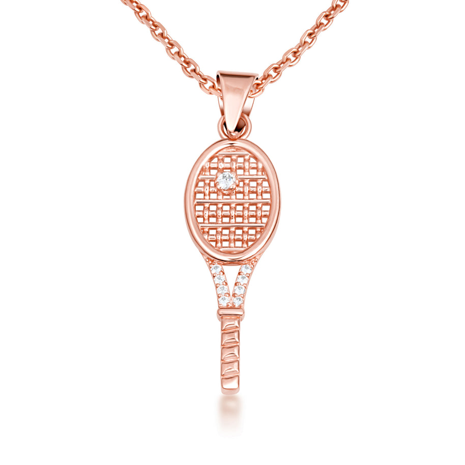 Gold Diamond Tennis Racket Sports Pendant Necklace (Available in Yellow/Rose/White Gold)
