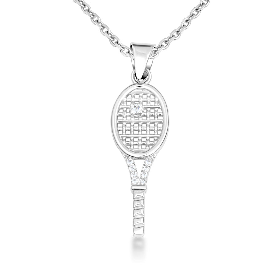.925 Sterling Silver Cubic Zirconia Tennis Racket Sport Pendant Necklace