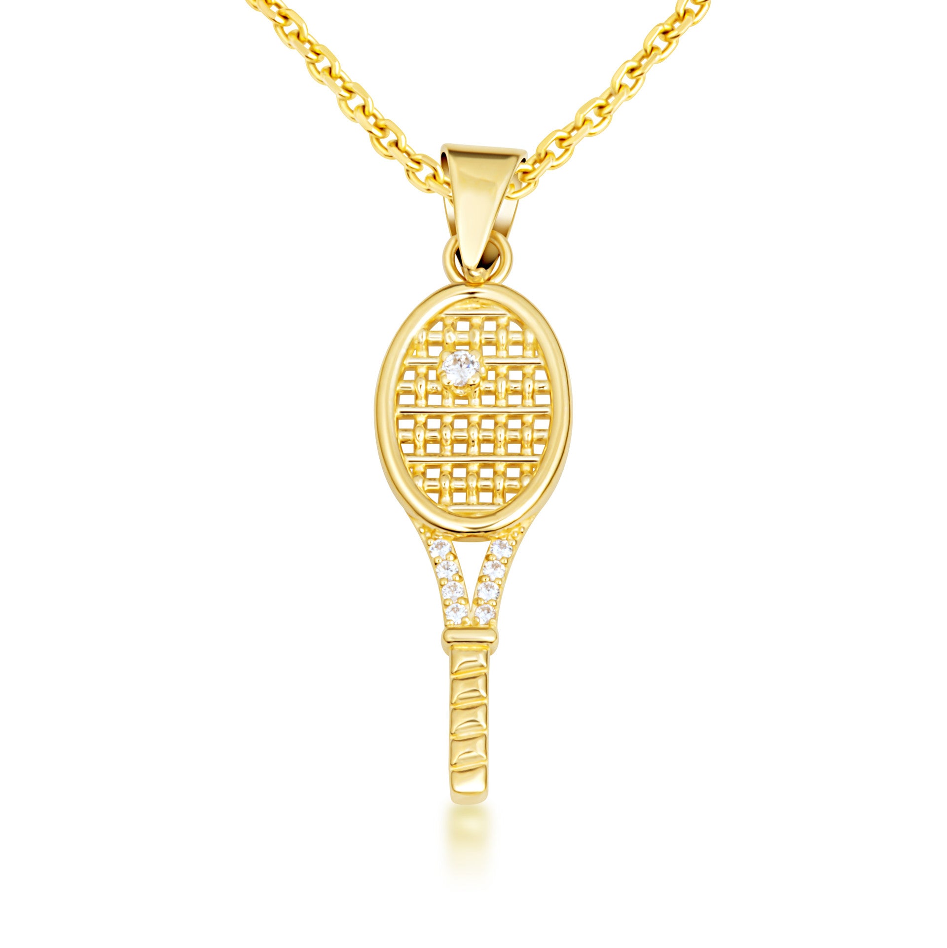 Gold Diamond Tennis Racket Sports Pendant Necklace (Available in Yellow/Rose/White Gold)