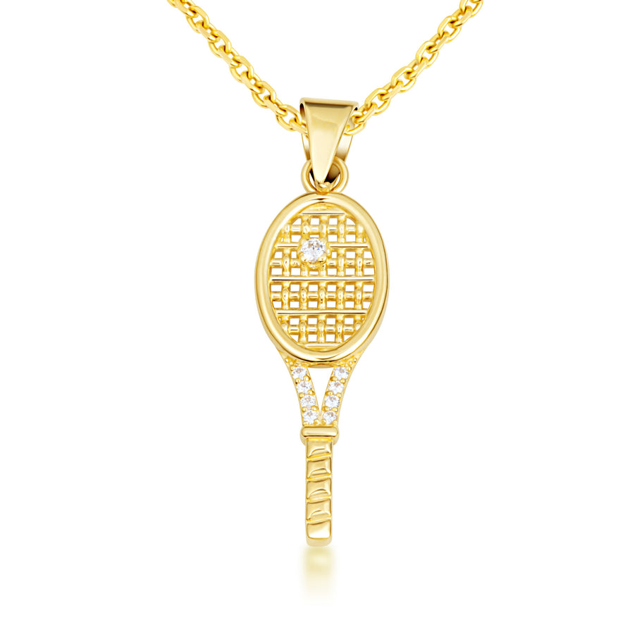 Gold Diamond Tennis Racket Sports Pendant Necklace (Available in Yellow/Rose/White Gold)