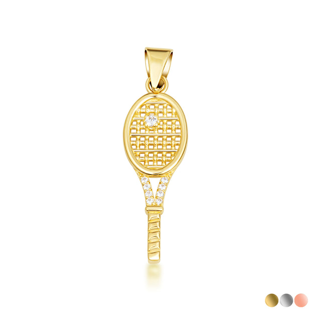 Gold Diamond Tennis Racket Sports Pendant Necklace (Available in Yellow/Rose/White Gold)