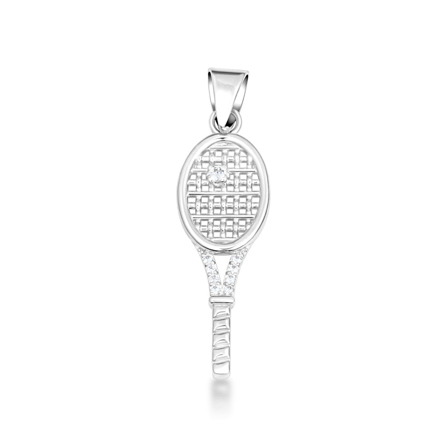 .925 Sterling Silver Cubic Zirconia Tennis Racket Sport Pendant Necklace