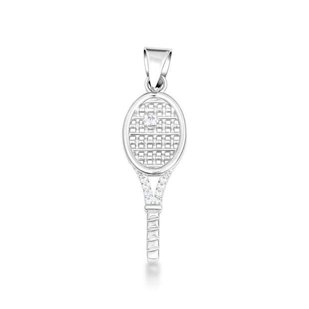 .925 Sterling Silver Cubic Zirconia Tennis Racket Sport Pendant Necklace