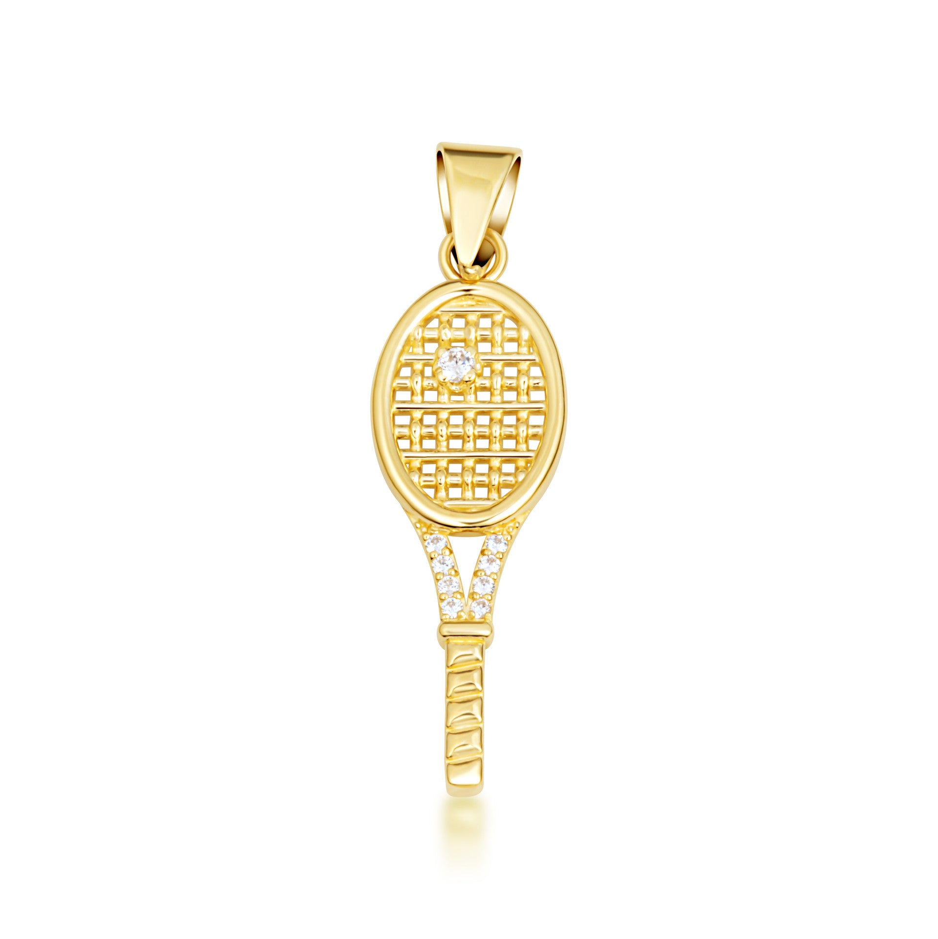 Gold Diamond Tennis Racket Sports Pendant Necklace (Available in Yellow/Rose/White Gold)