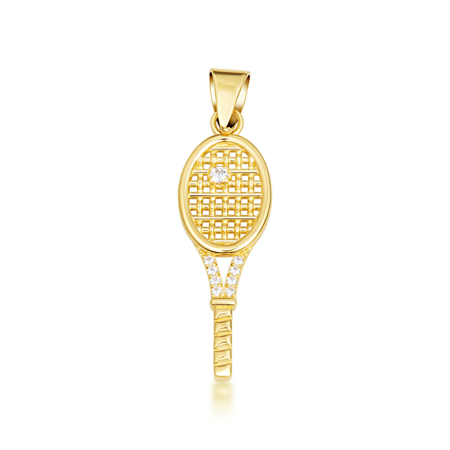 Gold Diamond Tennis Racket Sports Pendant Necklace (Available in Yellow/Rose/White Gold)