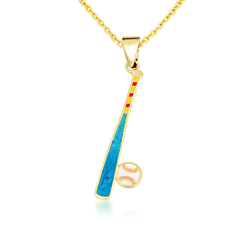 Gold Enamel Baseball Bat Sports Pendant Necklace (Available in Yellow/Rose/White Gold)