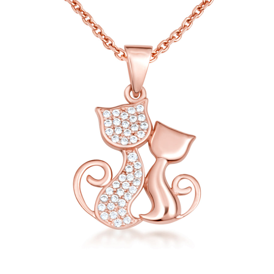 Gold Cubic Zirconia Pet Cats Silhouette Pendant Necklace (Available in Yellow/Rose/White Gold)