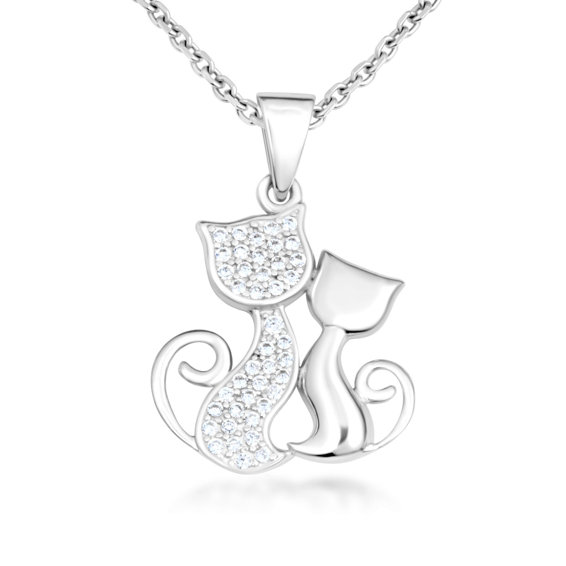.925 Sterling Silver Cubic Zirconia Pet Cats Silhouette Pendant Necklace