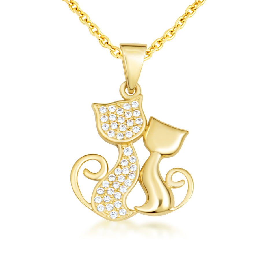 Gold Cubic Zirconia Pet Cats Silhouette Pendant Necklace (Available in Yellow/Rose/White Gold)