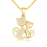 Gold Cubic Zirconia Pet Cats Silhouette Pendant Necklace (Available in Yellow/Rose/White Gold)