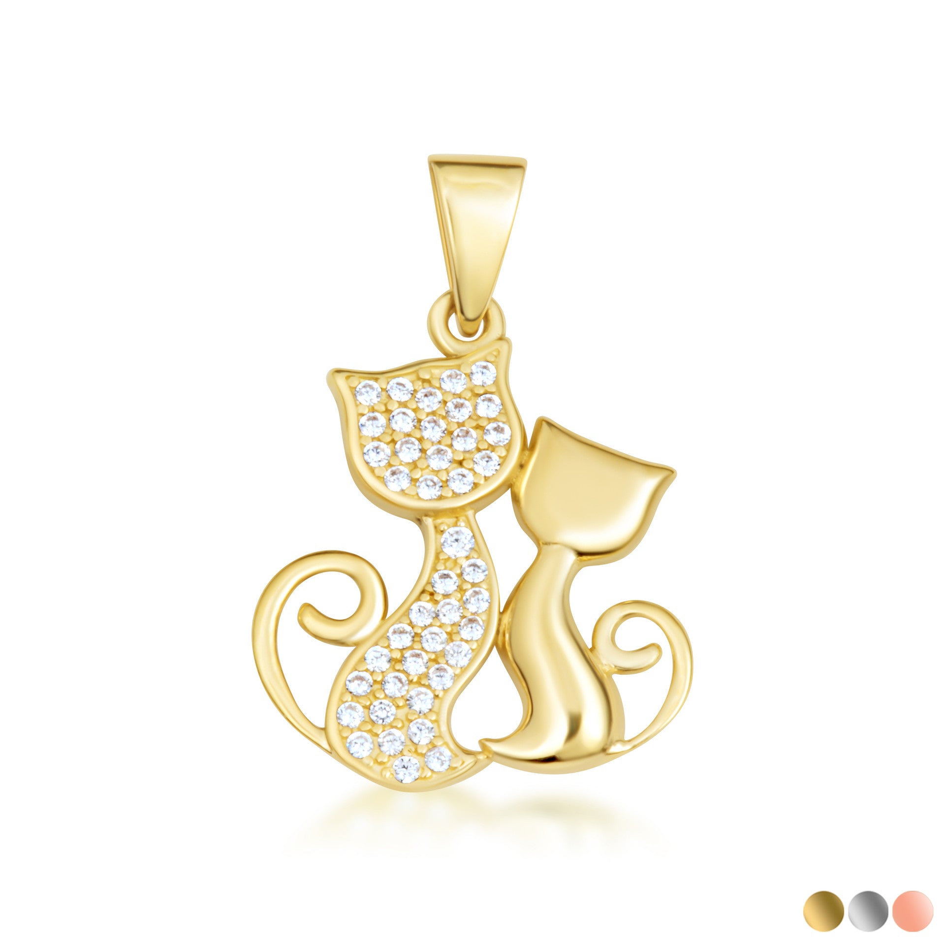 Gold Cubic Zirconia Pet Cats Silhouette Pendant Necklace (Available in Yellow/Rose/White Gold)