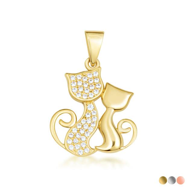 Gold Cubic Zirconia Pet Cats Silhouette Pendant Necklace (Available in Yellow/Rose/White Gold)