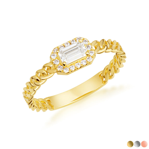 Gold Emerald Cut Lab Grown Diamond Halo Cuban Chain Link Ring (Available in Yellow/Rose/White Gold)