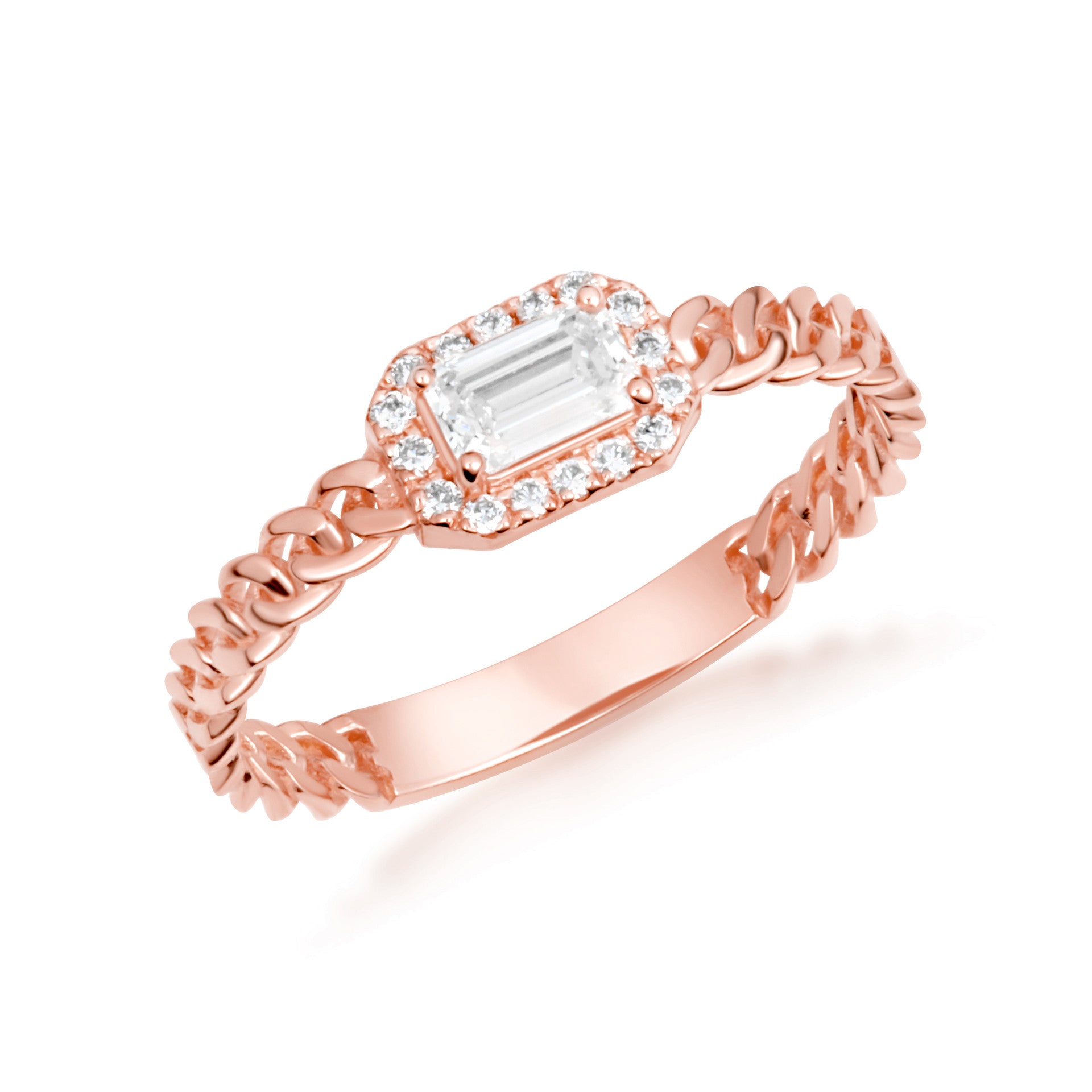 Gold Emerald Cut Lab Grown Diamond Halo Cuban Chain Link Ring (Available in Yellow/Rose/White Gold)