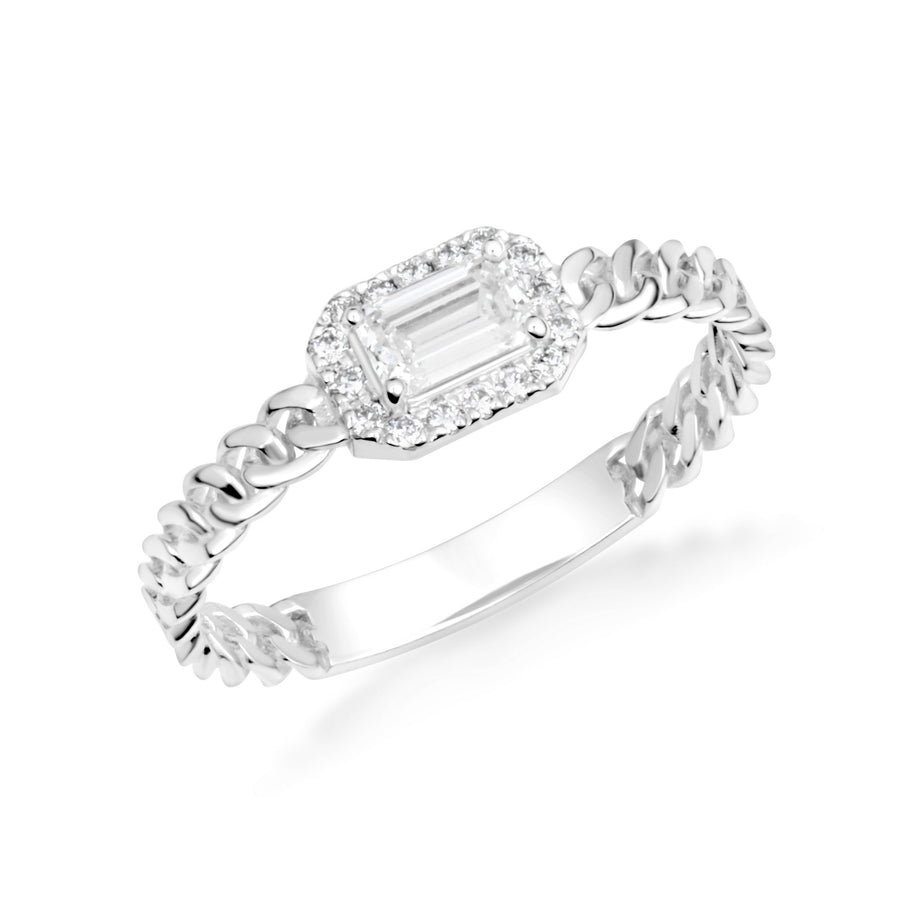 Gold Emerald Cut Lab Grown Diamond Halo Cuban Chain Link Ring (Available in Yellow/Rose/White Gold)