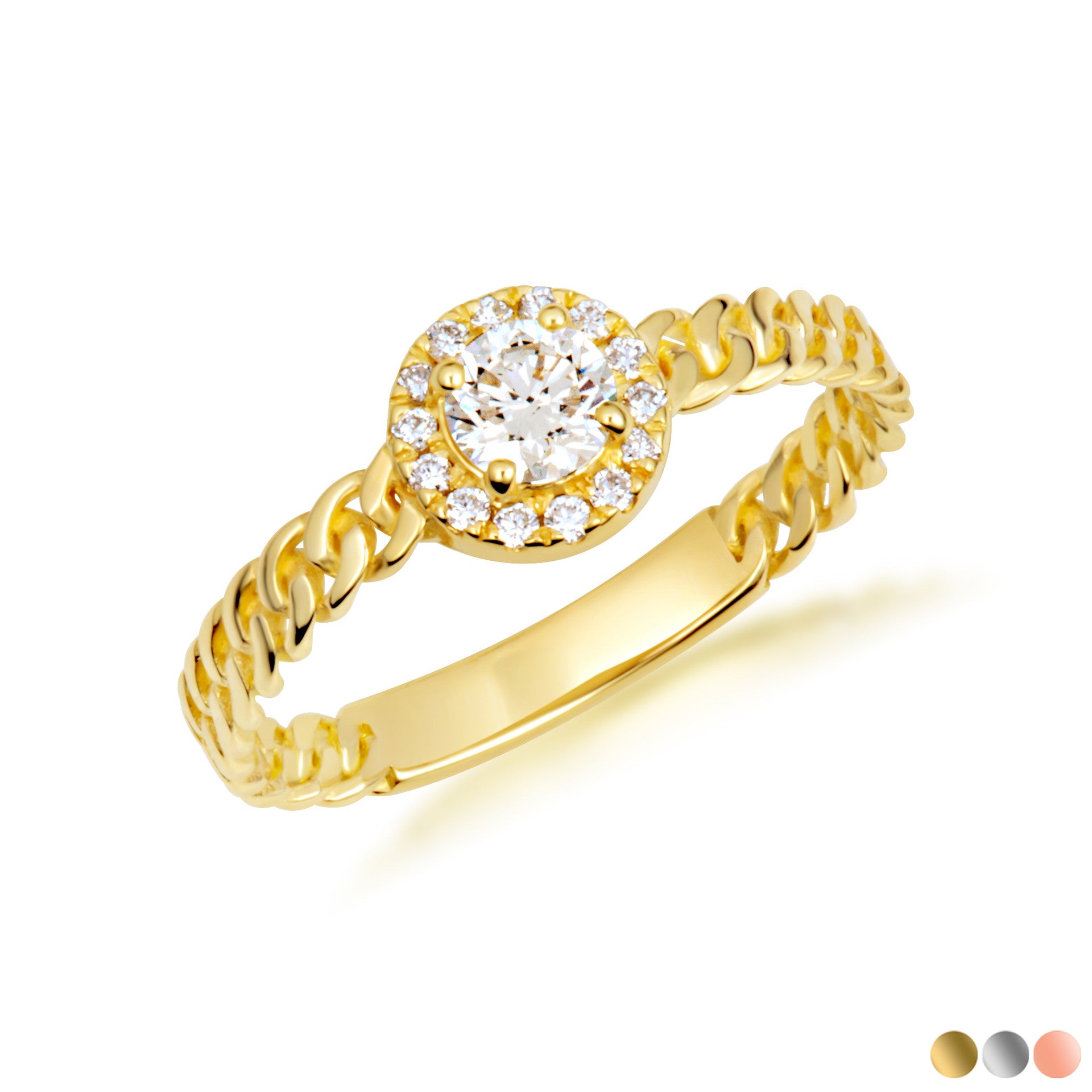 Gold Round Cut Lab Grown Diamond Halo Cuban Chain Link Ring (Available in Yellow/Rose/White Gold)
