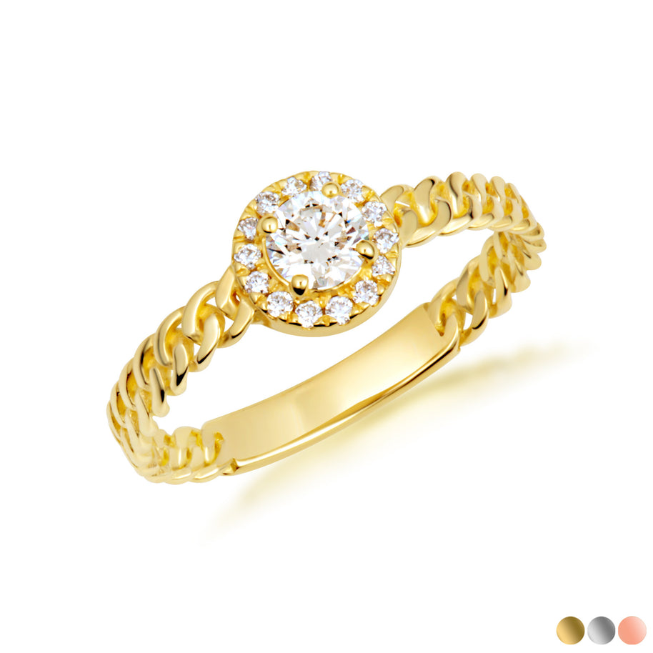 Gold Round Cut Lab Grown Diamond Halo Cuban Chain Link Ring (Available in Yellow/Rose/White Gold)