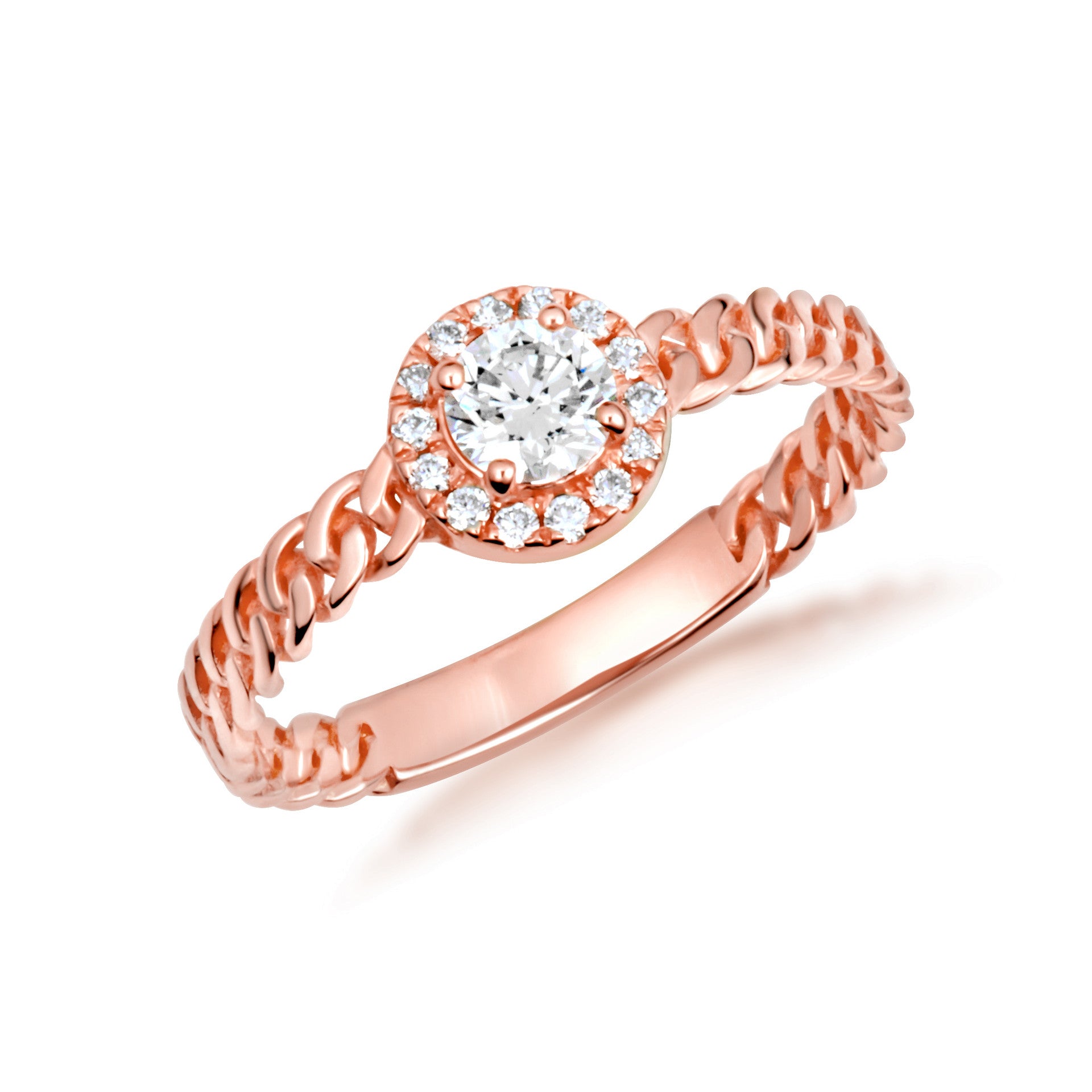 Gold Round Cut Lab Grown Diamond Halo Cuban Chain Link Ring (Available in Yellow/Rose/White Gold)