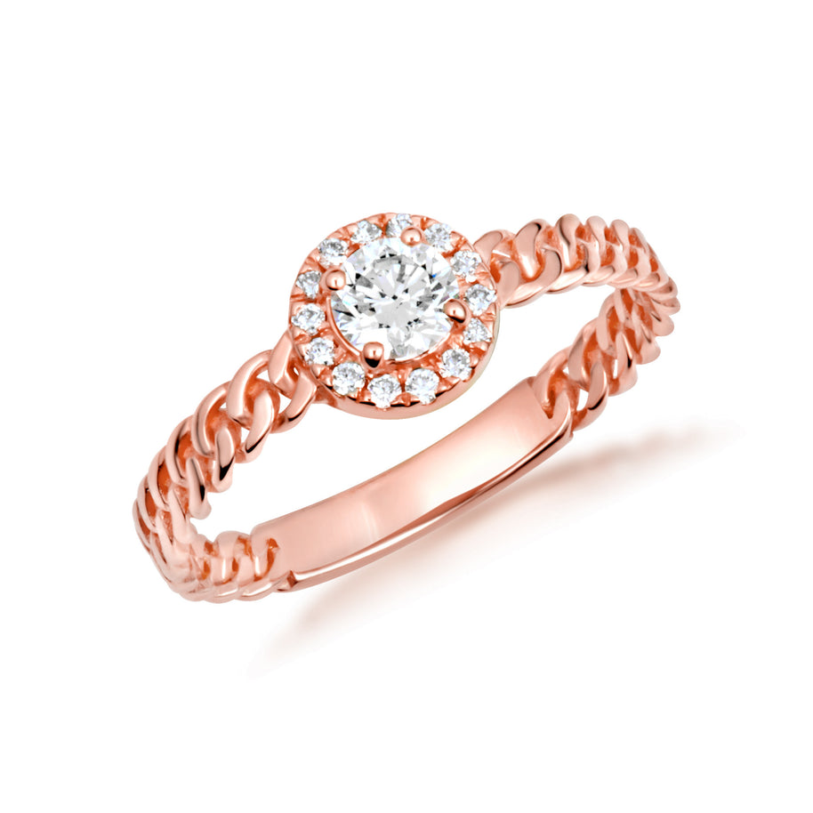 Gold Round Cut Lab Grown Diamond Halo Cuban Chain Link Ring (Available in Yellow/Rose/White Gold)