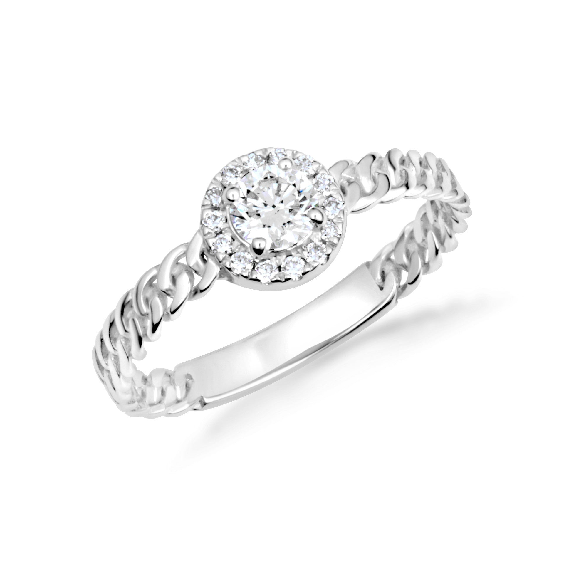 Gold Round Cut Lab Grown Diamond Halo Cuban Chain Link Ring (Available in Yellow/Rose/White Gold)