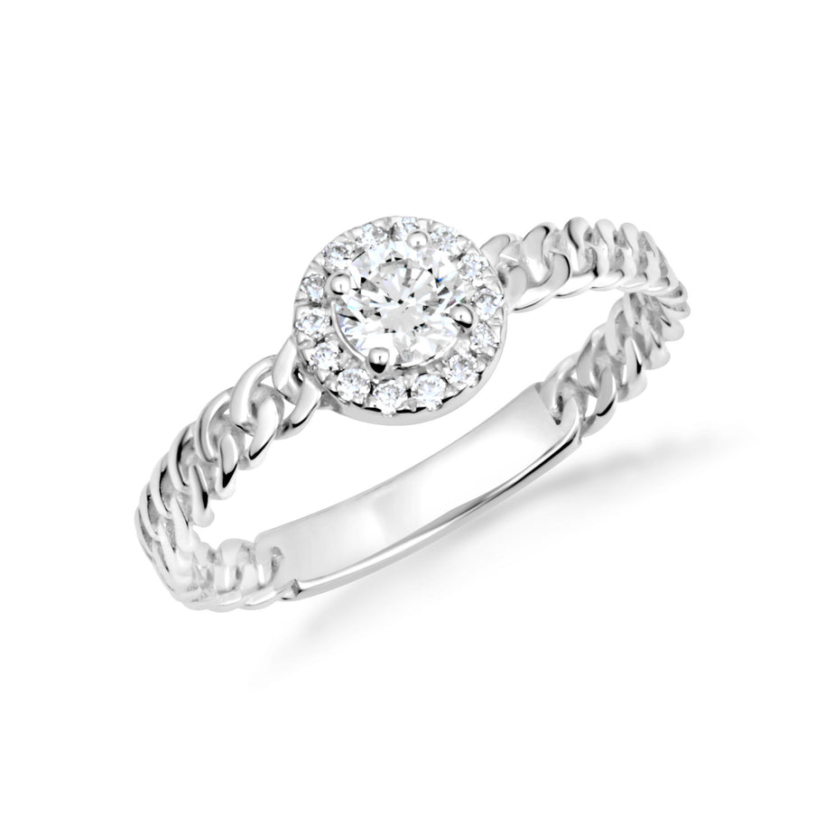 Gold Round Cut Lab Grown Diamond Halo Cuban Chain Link Ring (Available in Yellow/Rose/White Gold)