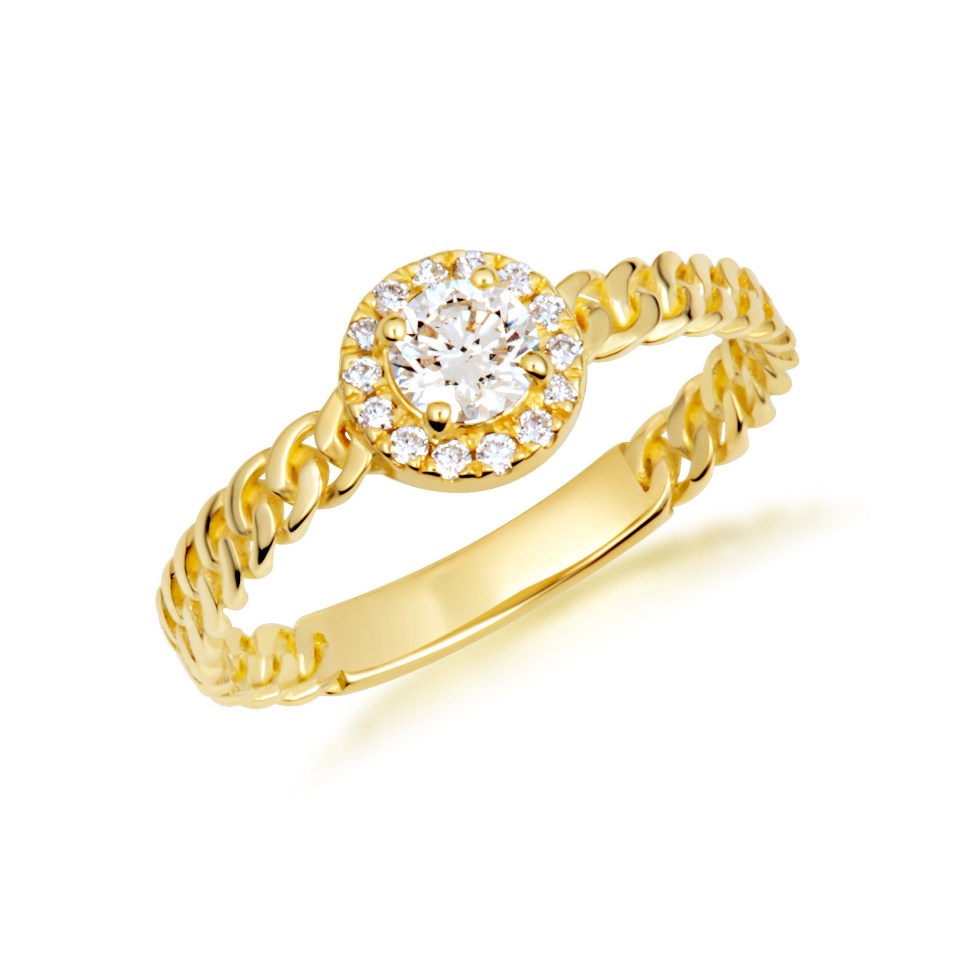 Gold Round Cut Lab Grown Diamond Halo Cuban Chain Link Ring (Available in Yellow/Rose/White Gold)