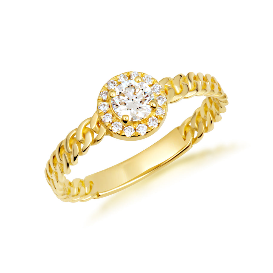 Gold Round Cut Lab Grown Diamond Halo Cuban Chain Link Ring (Available in Yellow/Rose/White Gold)