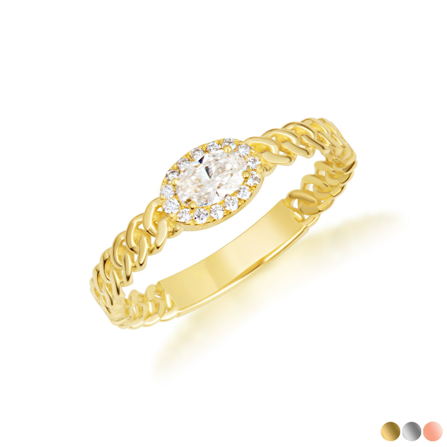 Gold Oval Cut Lab Grown Diamond Halo Cuban Chain Link Ring (Available in Yellow/Rose/White Gold)