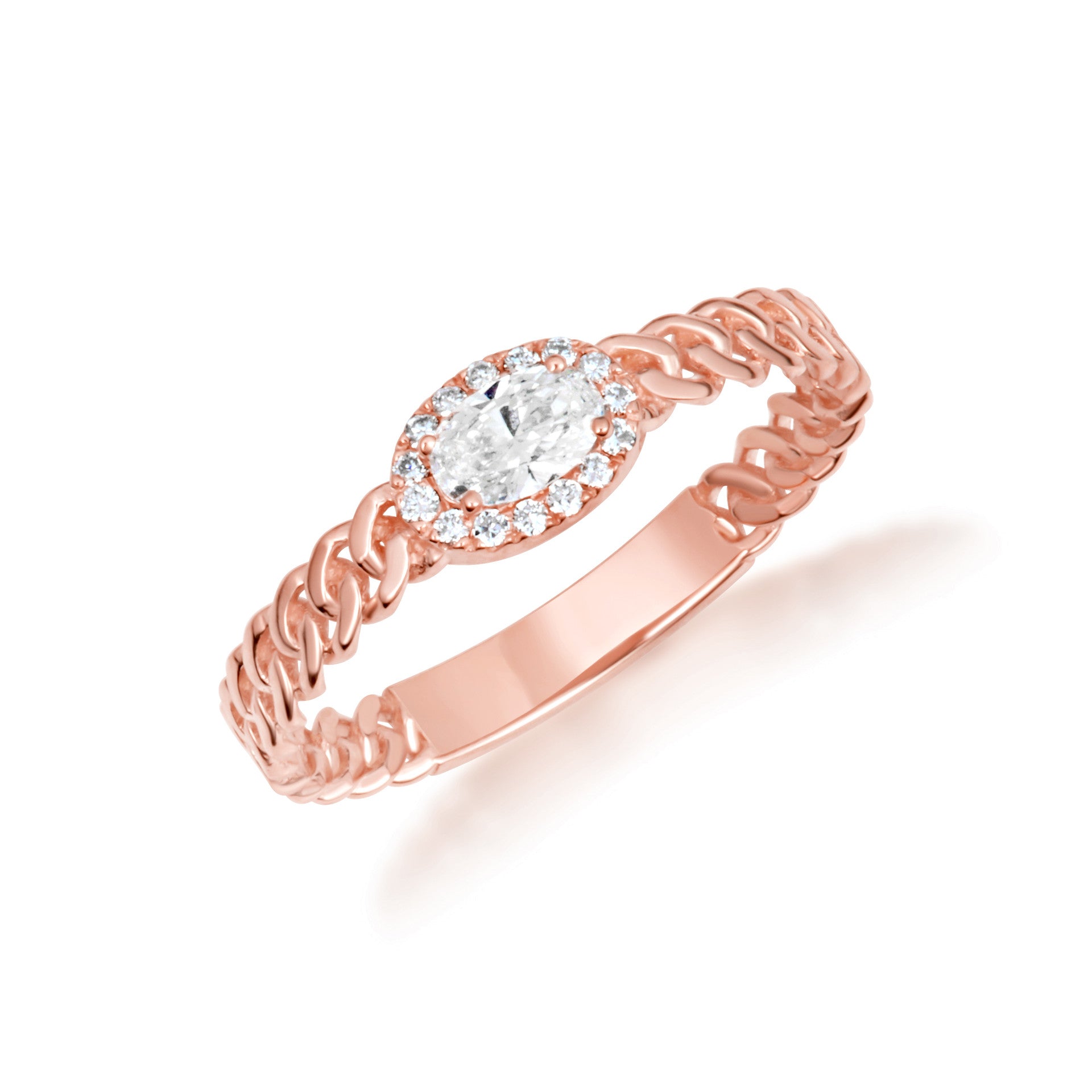 Gold Oval Cut Lab Grown Diamond Halo Cuban Chain Link Ring (Available in Yellow/Rose/White Gold)