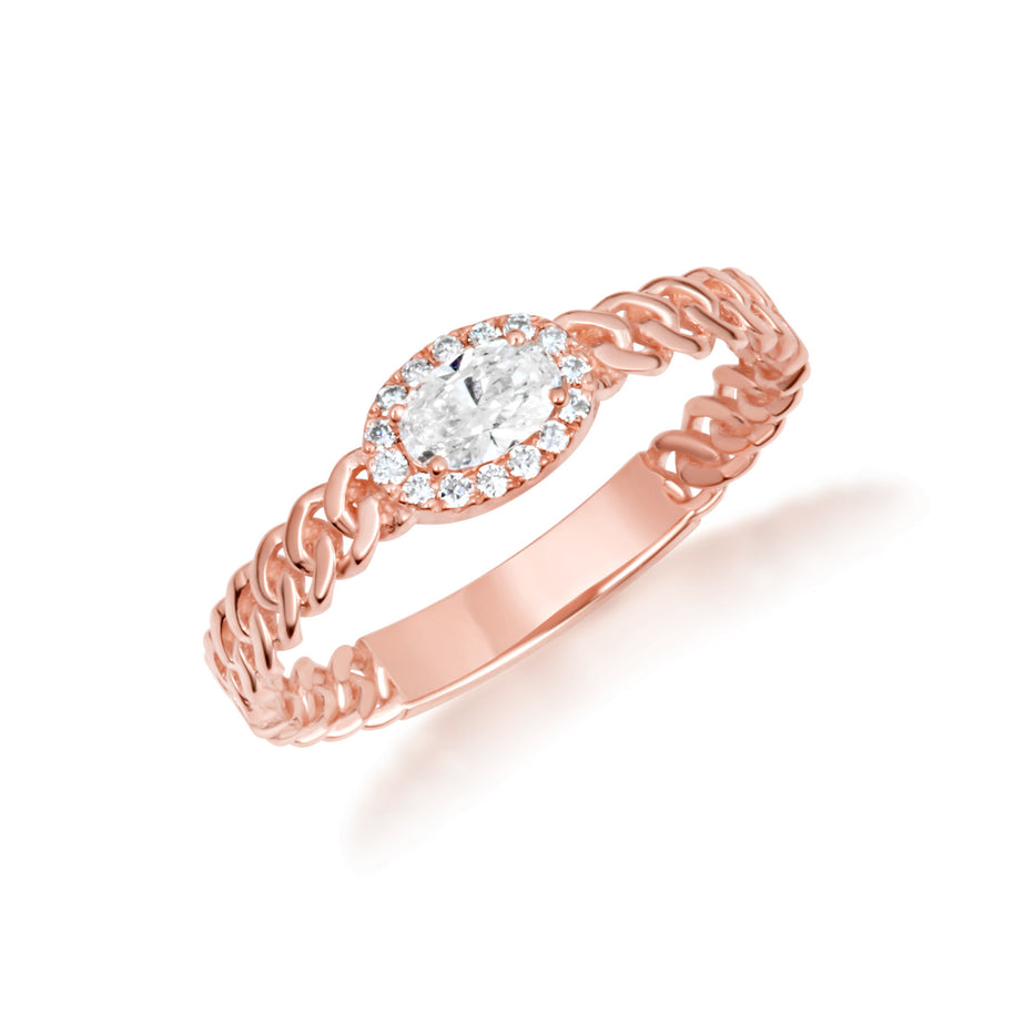 Gold Oval Cut Lab Grown Diamond Halo Cuban Chain Link Ring (Available in Yellow/Rose/White Gold)