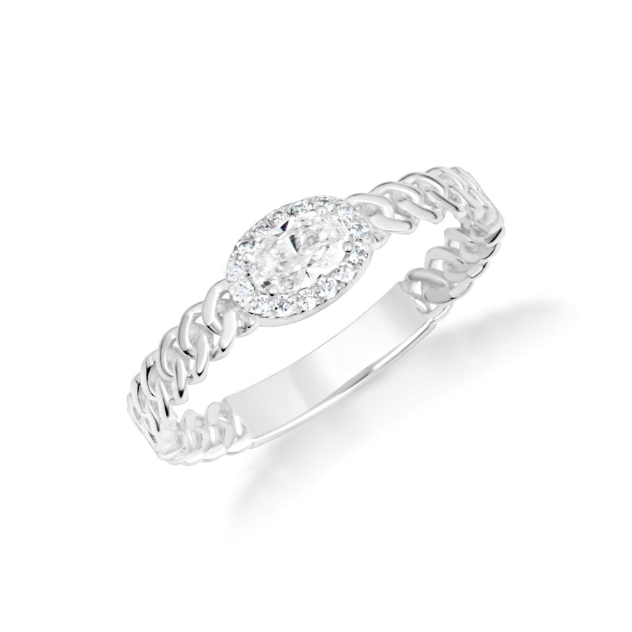 Gold Oval Cut Lab Grown Diamond Halo Cuban Chain Link Ring (Available in Yellow/Rose/White Gold)