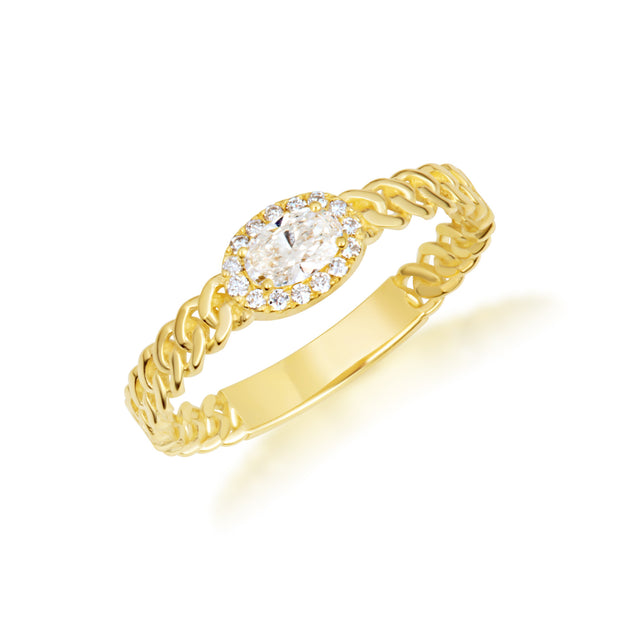 Gold Oval Cut Lab Grown Diamond Halo Cuban Chain Link Ring (Available in Yellow/Rose/White Gold)